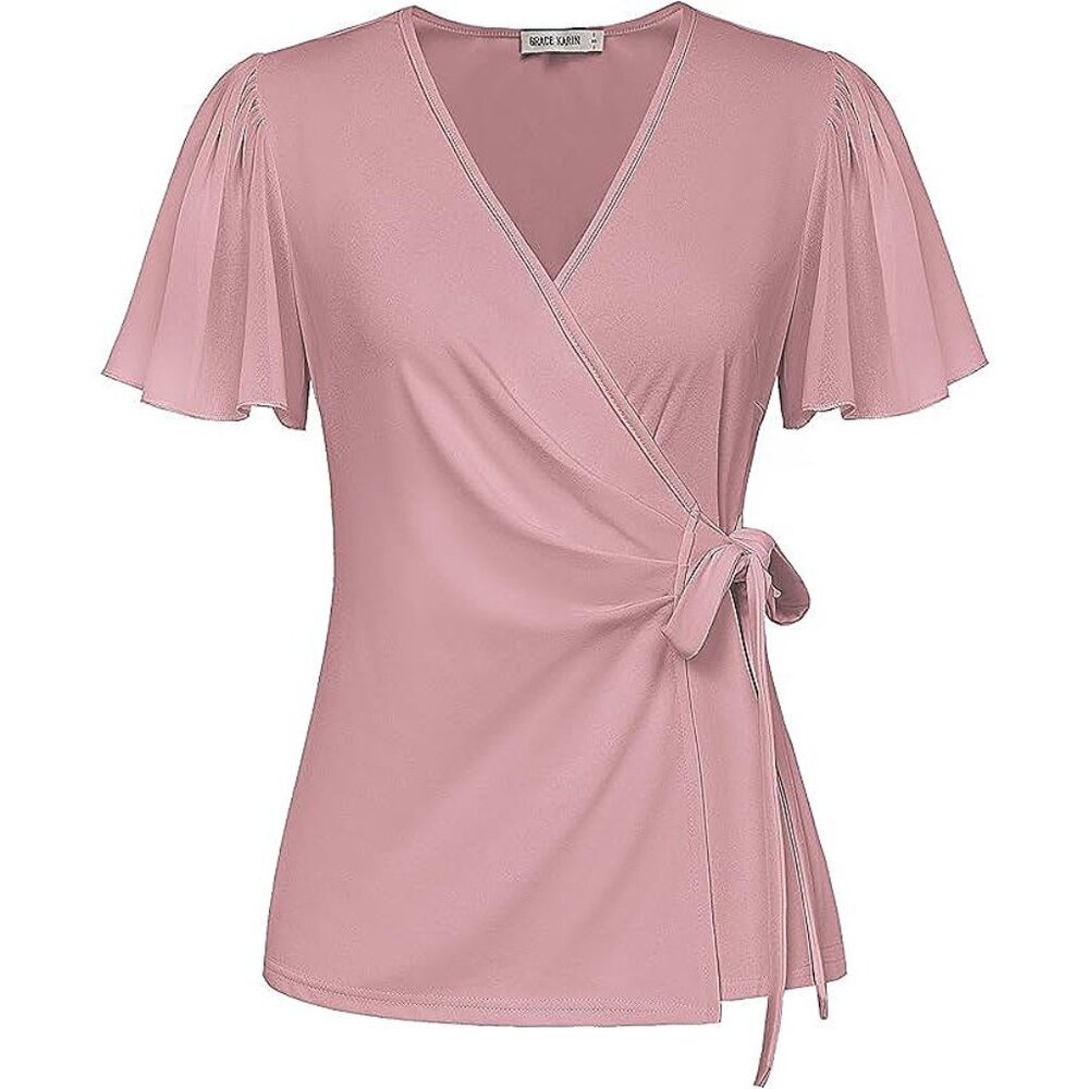 2025 Womens Summer Tops Dressy Business Casual Chiffon Short Sleeve